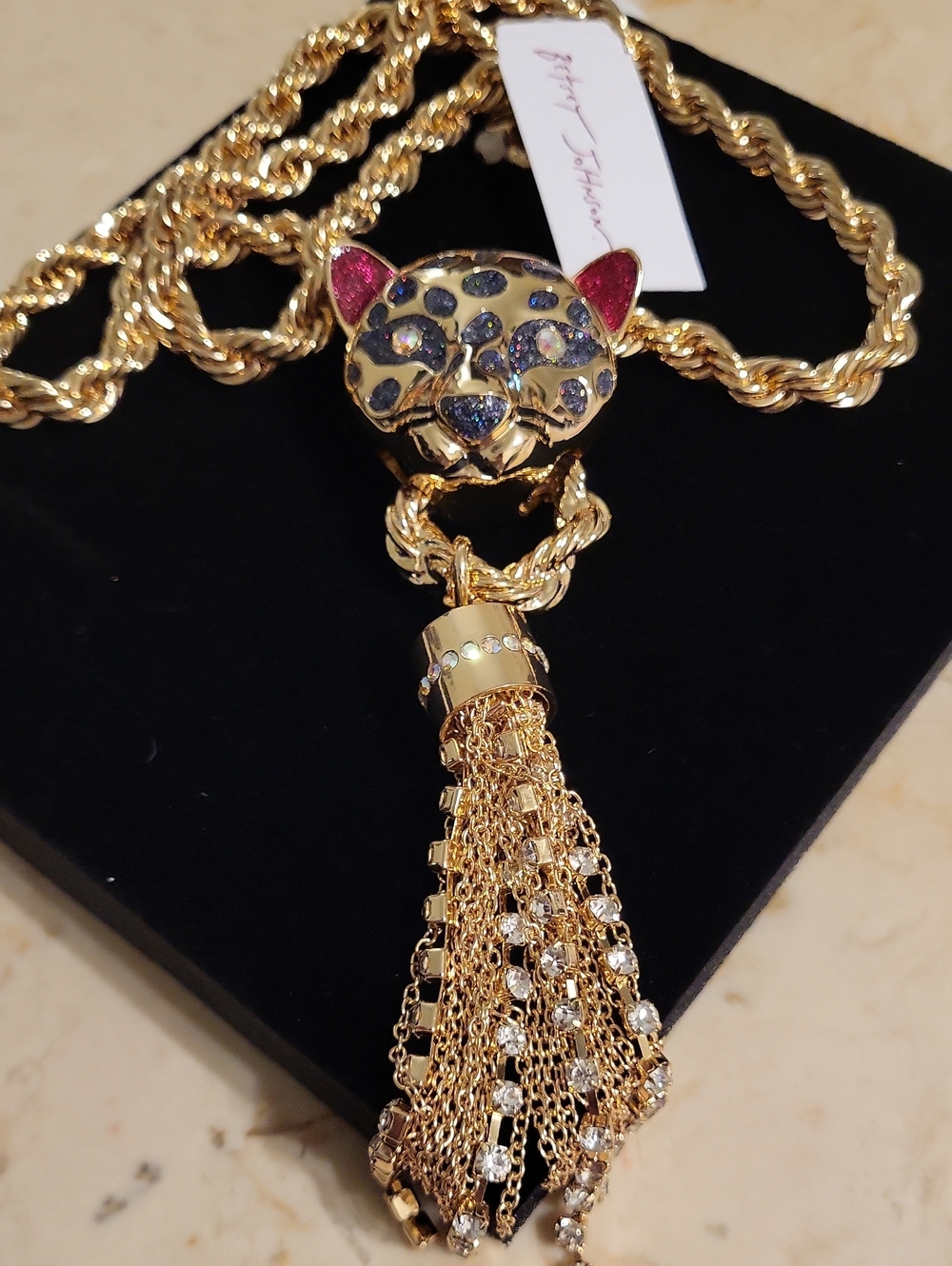 Betsey Johnson Gold Leopard Pendant Tassel Necklace - Pink & Black Ha